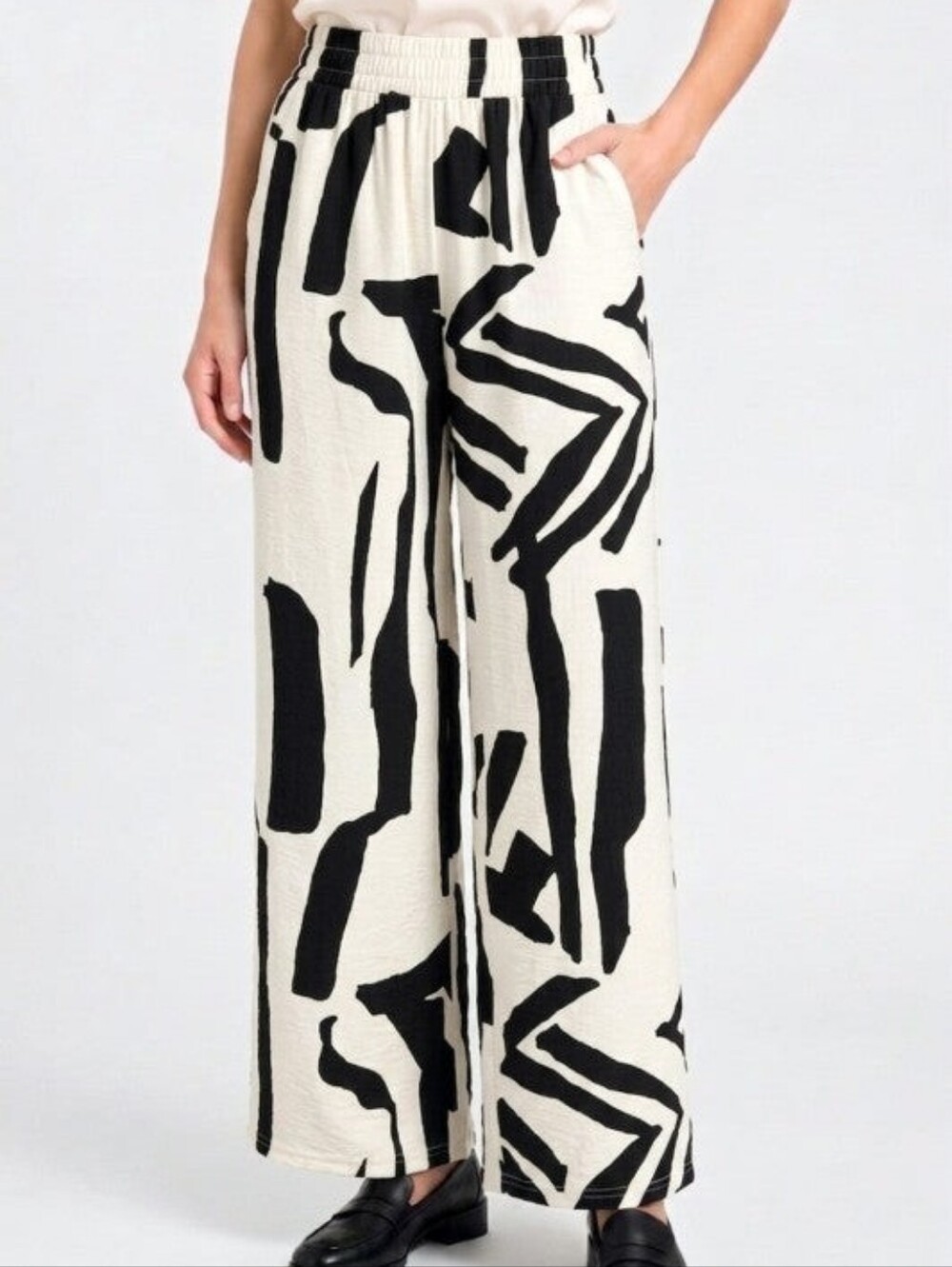 Plus Off White & Black Tribal Linen Blend Wide Leg Pants